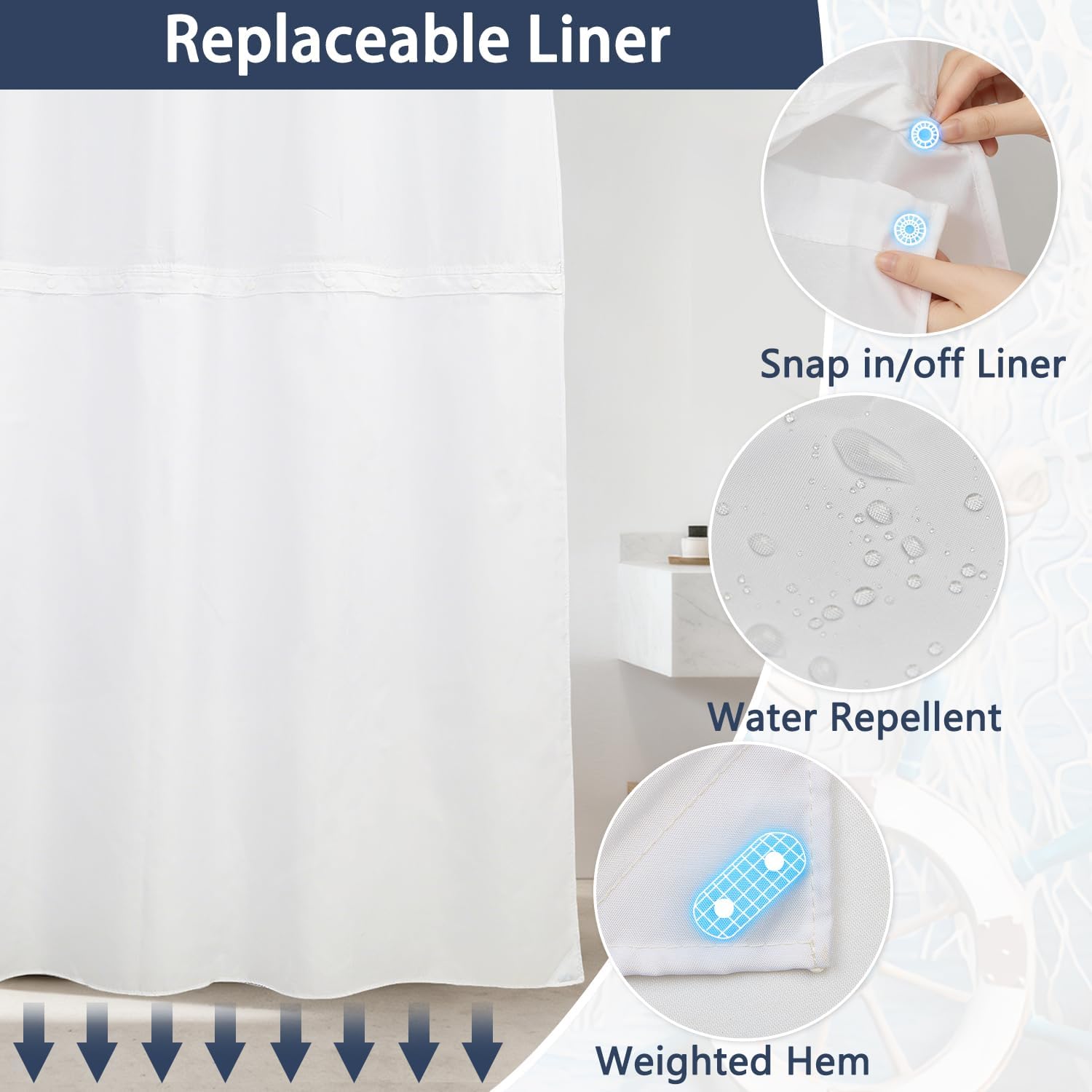 Nautical Beach Shower Curtain and Liner Set, Double Layers Waterproof Fabric No Hook Shower Curtain with Mesh Top Window, Ocean Starfish Vintage Rustic Wooden Coastal Bathroom Curtains, 71x74 Inch