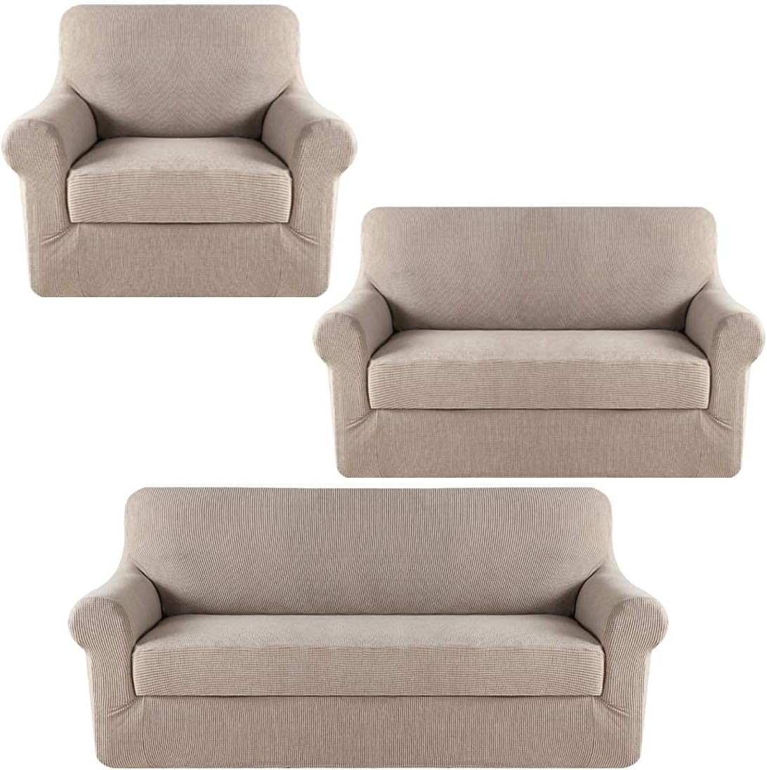 H.VERSAILTEX Stretch Sofa Covers for 3 Cushion Couch Bundle 2 Pieces Loveseat Cover Spandex Sofa Cover Bundle Stretch Chair Slipcover, Sand