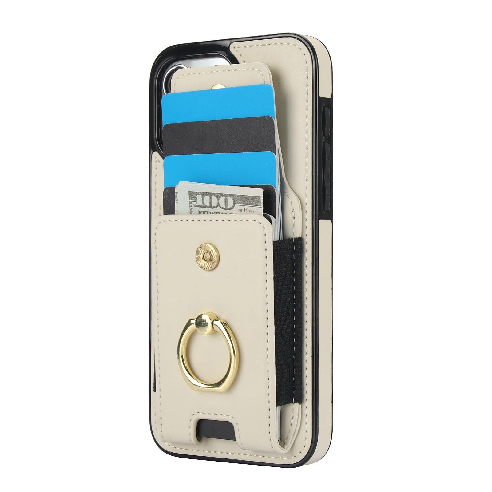 Für iPhone 15 Plus Luxus-Ring-Leder-Brieftaschen-Karten-Telefonhülle Flip-Stand-Cover (Für iPhone 15 Plus/Beige)