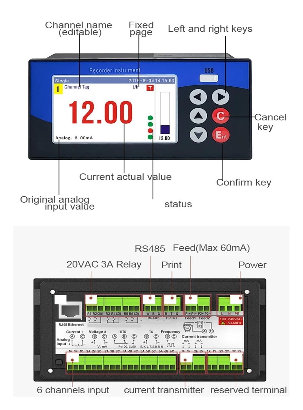 6 Kanäle Datenlogger Temperatur und Feuchtigkeit Spannung Balkenkurve U-Disk Temperaturrekorder Eingang 4-20 mA Pt100(1 Input 1 Output)