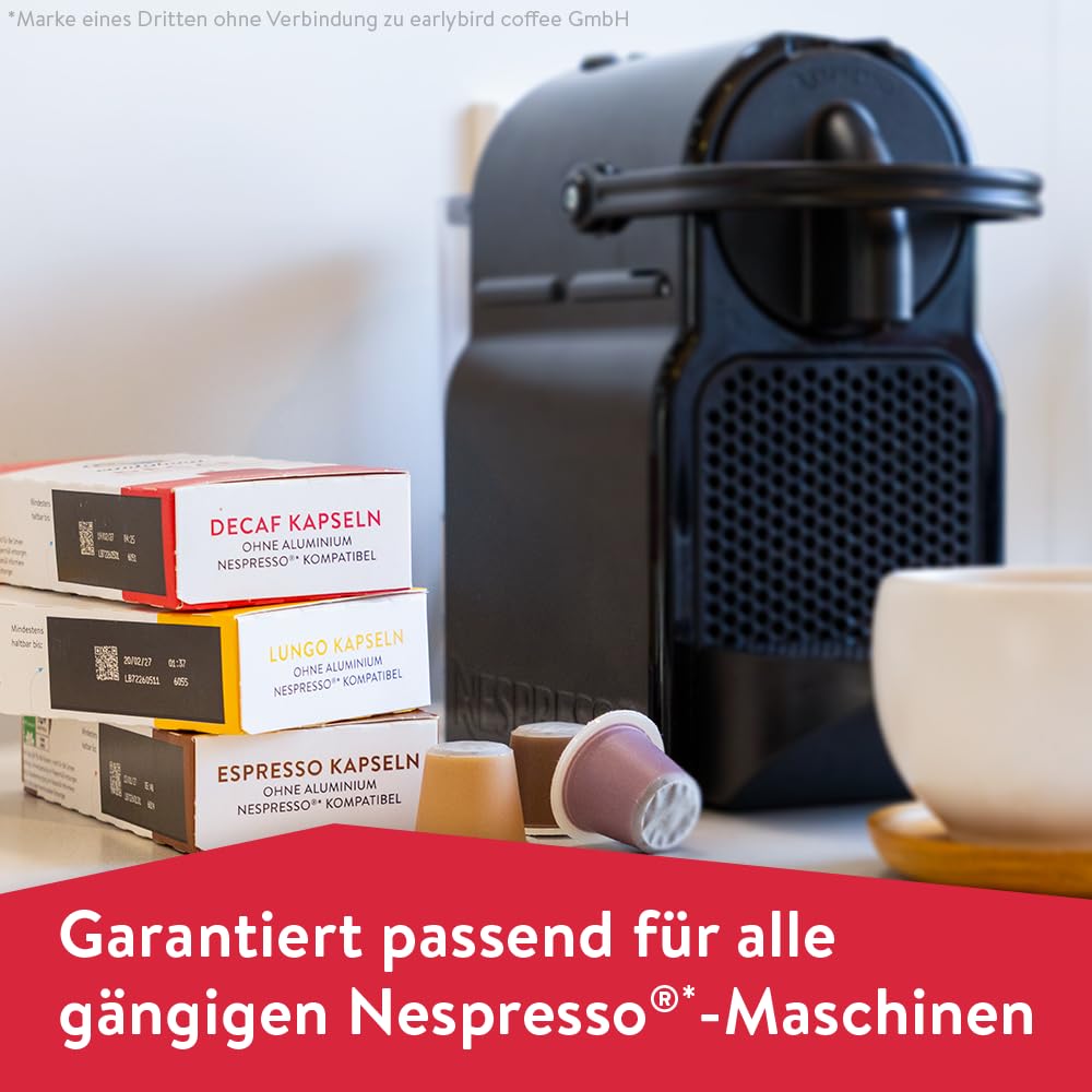 earlybird coffee – Bio Decaf Kaffeekapseln 100 Stück Vorratspack – kompatibel mit Nespresso, nussig-intensiv, heimkompostierbar – aluminiumfreie Bio Kapseln – schonend entkoffeiniert im H₂O-Verfahren