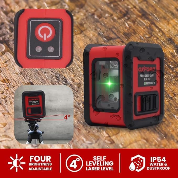 Image of OXFORD OLL 002 2-Line Green Laser Level, IP54 Dustproof & Shockproof, 98ft Range, 卤2mm Accuracy, Versatile Magnetic Holder, Powered by 3 AAA Batteries,Oxford 2 Cross Line Level, | Accuracy 卤2mm /5m