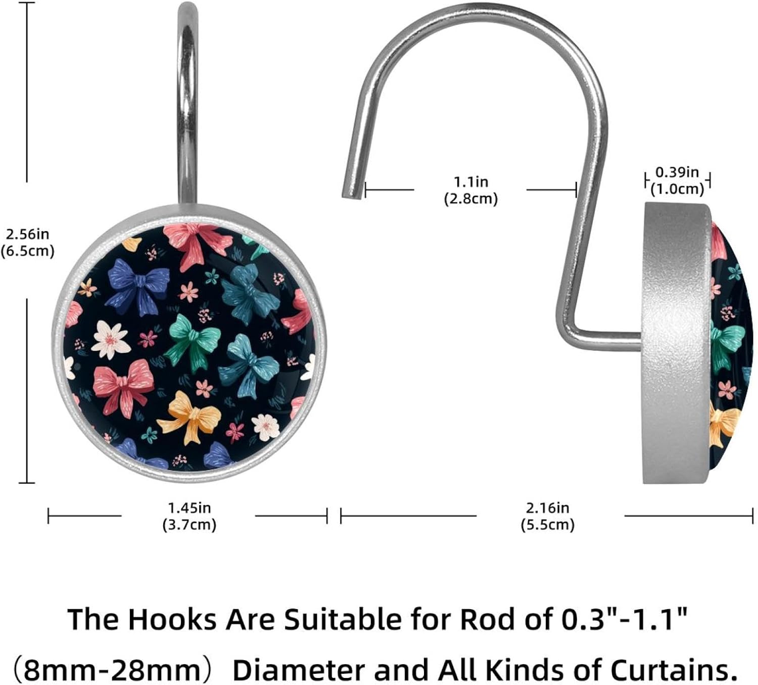 Bows and Flowers (1) Shower Curtain Hooks, Rust Resistant Crystal Glass Shower Hooks for Bathroom, Glide Shower Rings for Shower Curtain,Liner,Rod-12 Pack