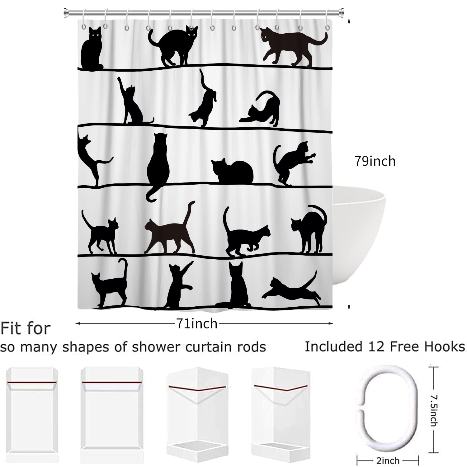 Hnmdmyi Grappig Kat douchegordijn 165 x 180, abstracte zwarte kat silhouet douchegordijnen blauw mozaïek badkamergordijnen met haken waterdichte polyester stof wasbare badgordijnen voor natte ruimte