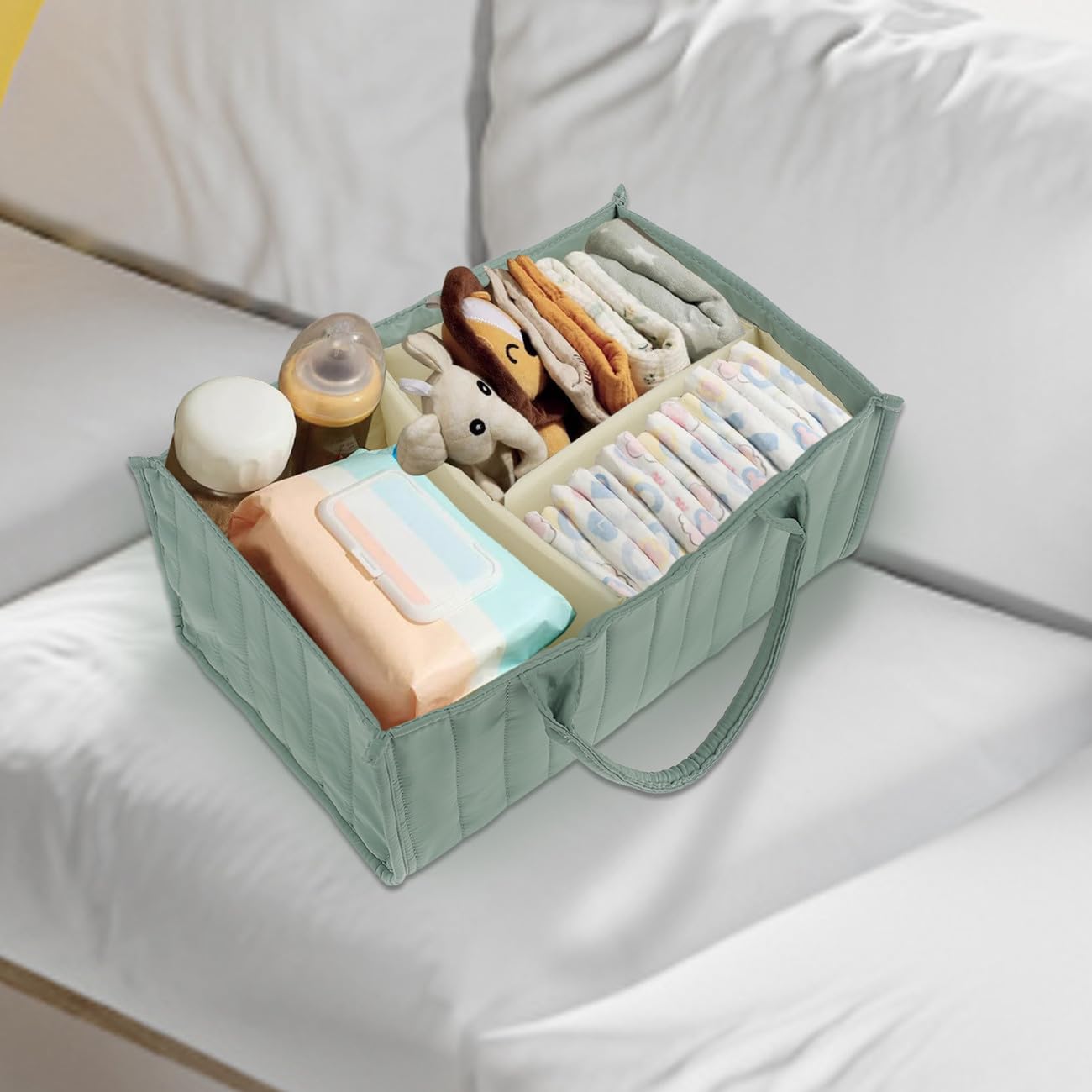 Nappy Caddy Newborn Essentials Diaper Caddy Organizer with Detachable Divider Portable Baby Shower Basket with Handle Nursery Storage Bin 38x25x17cm for Car Travel Home