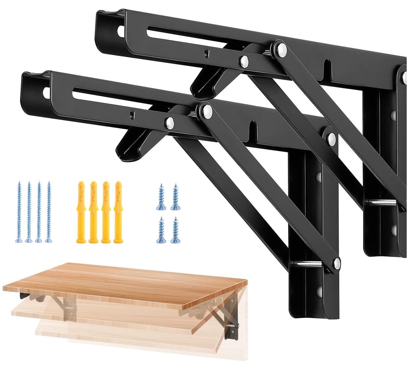 Folding Shelf Brackets Heavy Duty – Wall Mounted Metal Shelf Supports, Space Saving Hinges for DIY Table, Workbench, Kitchen, Garage, Laundry, Black (1)-image-2