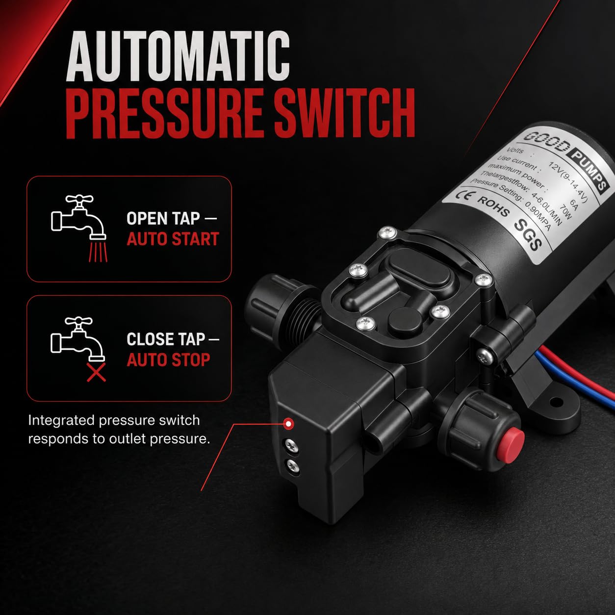 Pompa samozasysająca 12 V - Pompy wodne DC 0,9 Mpa 6 l/min wysokociśnieniowa samozasysająca pompa membranowa, ogrodnictwo rolnictwo nawadnianie wąż 70 W