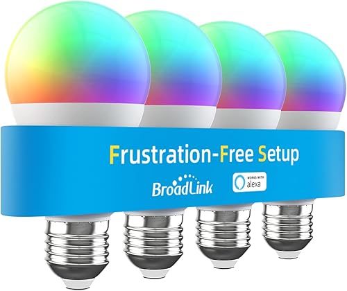 Broadlink Bombillas inteligentes, configuración sin frustraciones (FFS) funciona solo con Alexa, malla BLE, 9W 800LM que cambia de color A19 E26 LED