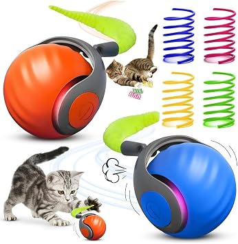6PCS Interactive Cat Toy Automatic Moving Smart Toy Ball with Replacement Tail for Indoor Bored Cats/Dogs, Sensor Teasing Ball Self-Rolling Pet Chase, Speedy Cat Toys for Pets Exercise Blue+Orange