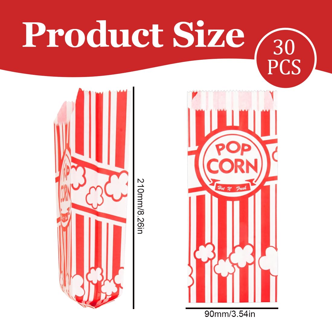 30 Unidades Bolsa de Palomitas con Revestimiento Resistente al Aceite, Clásica de Papel, Ideal para Maiz, Veladas de Cine, Fiestas de Cumpleaños, Navidad (Pequeño) (Rojo y Blanco a Rayas)