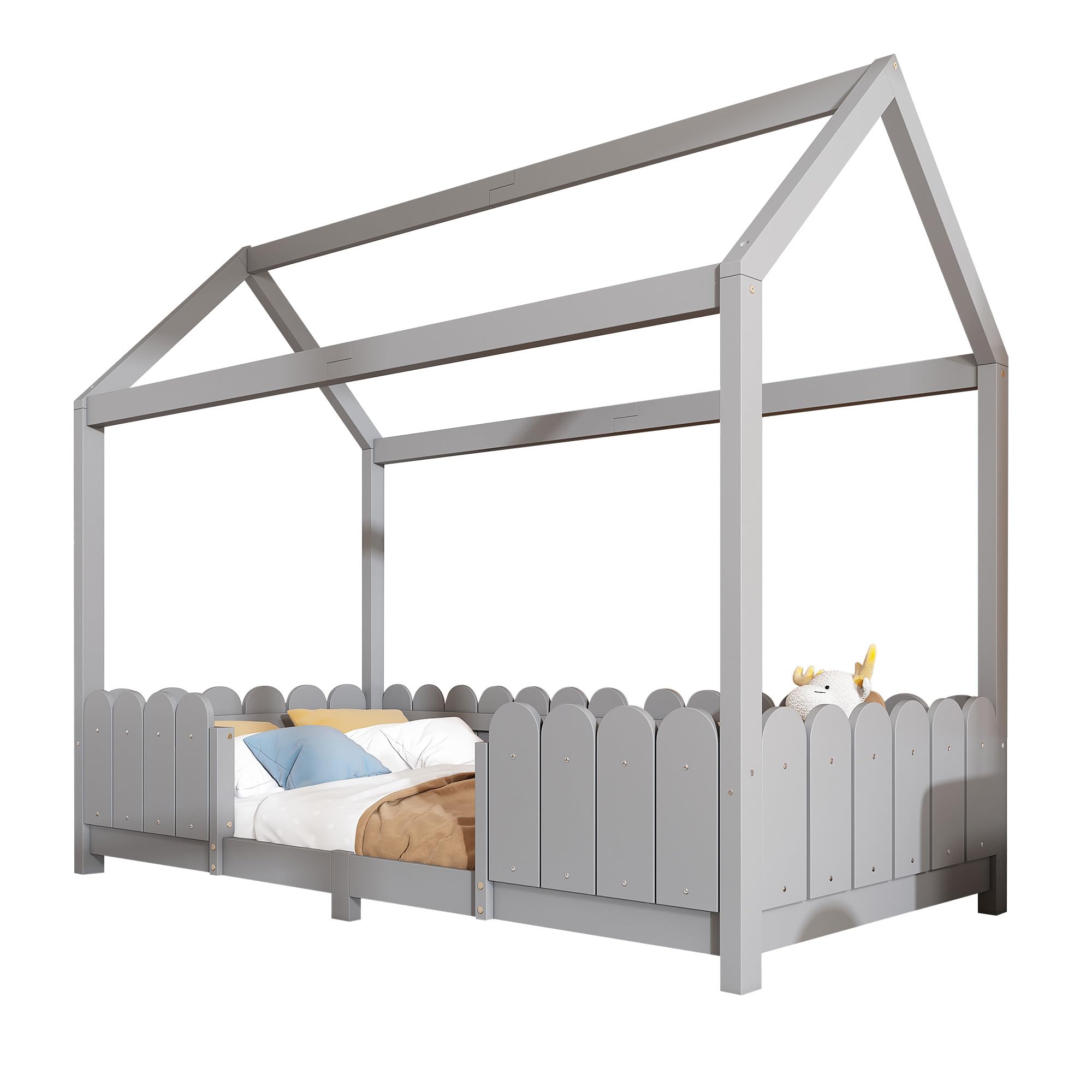 LINKHOO lit cabane bébé, en Bois Polyvalent, pour garçons et Filles, avec Protection Contre Les Chutes et sommier à Lattes(sans Matelas), 90x200 cm, Gris