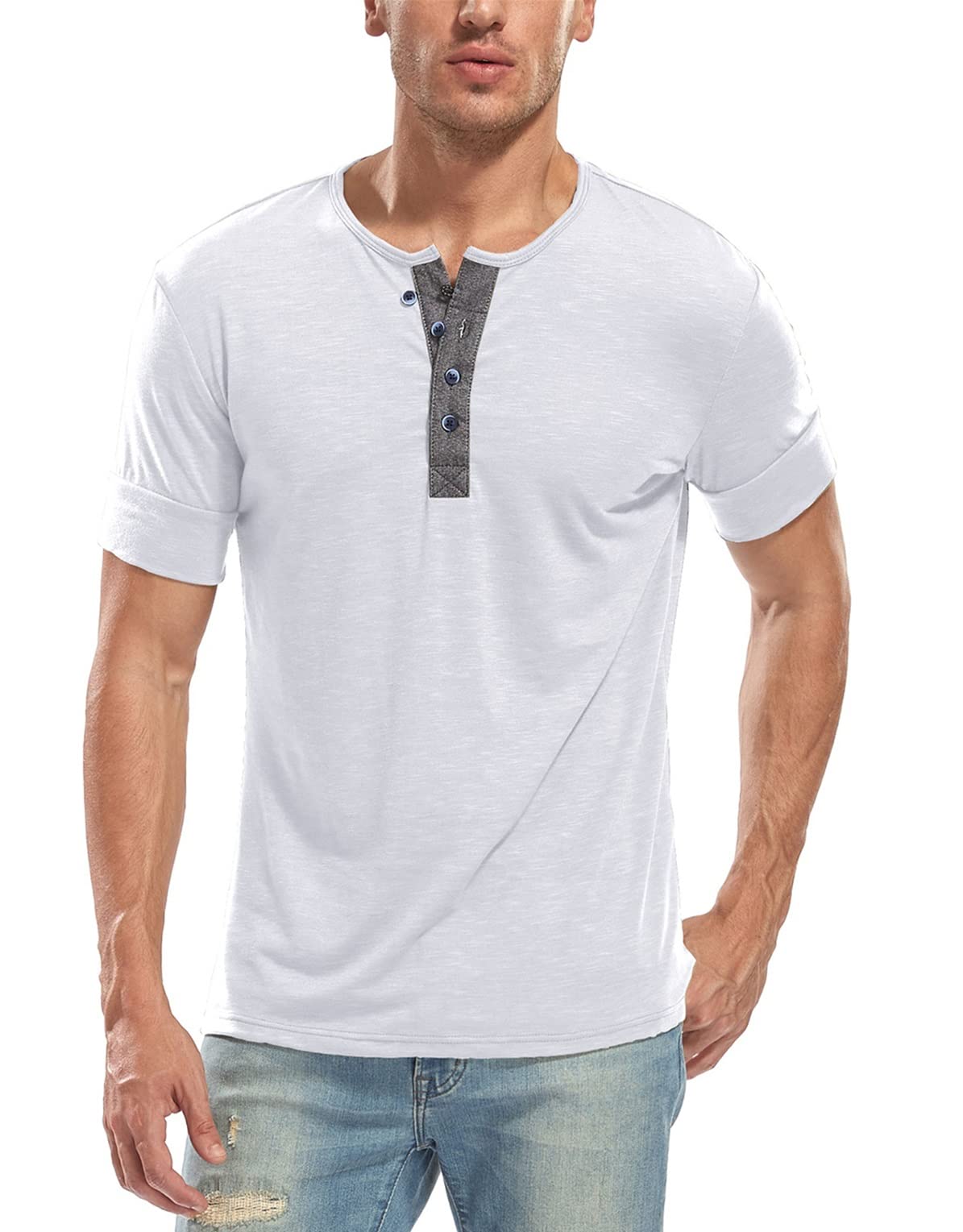 YeeHooMen's Casual Short Sleeve Henley Slim Fit T-Shirts Crew Neck with Button Placket