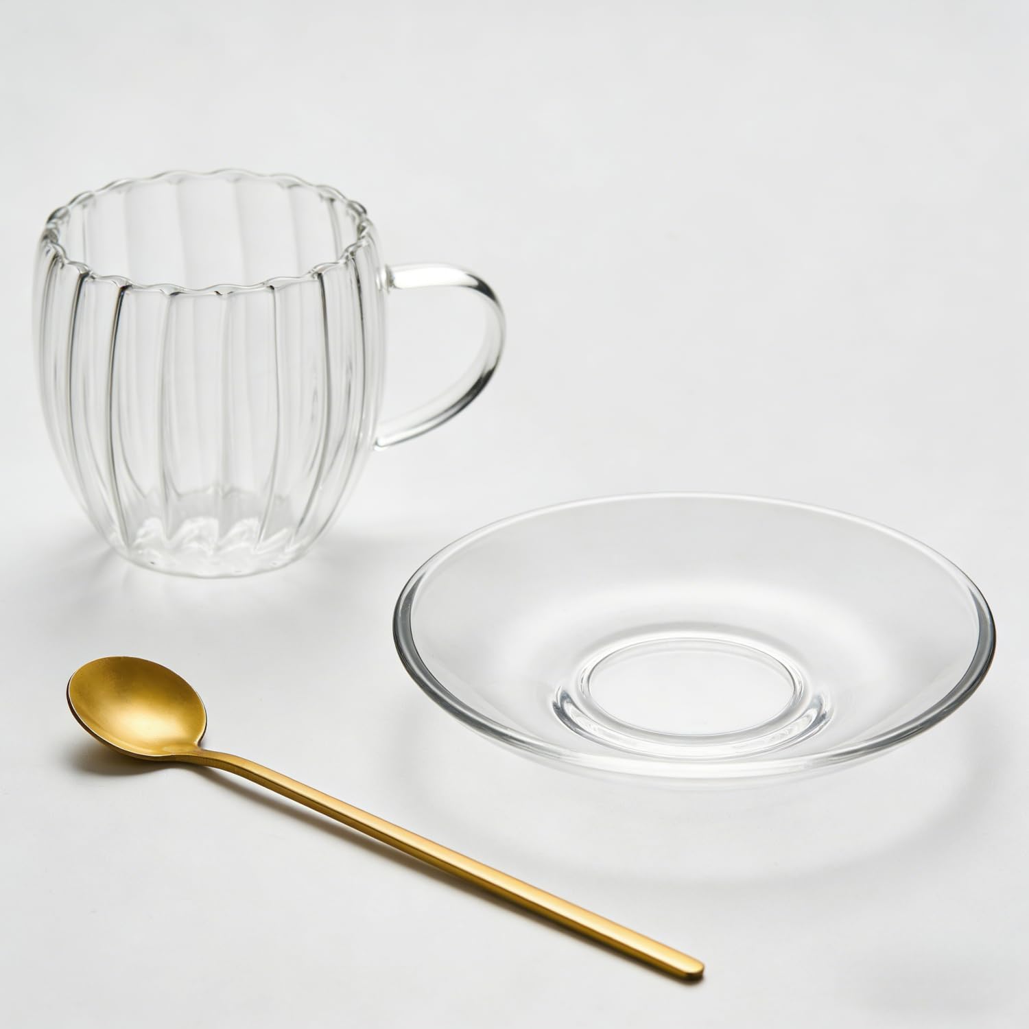 Double Wall Glass Coffee Mugs Set, Teacup with Saucer and Spoon Set of 2 Pack, 8.5oz/260ml for Cappuccino, Latte, Hot and Cold Drinks (Clear - Pumpkin Shaped - 2 Pack) - Image 4