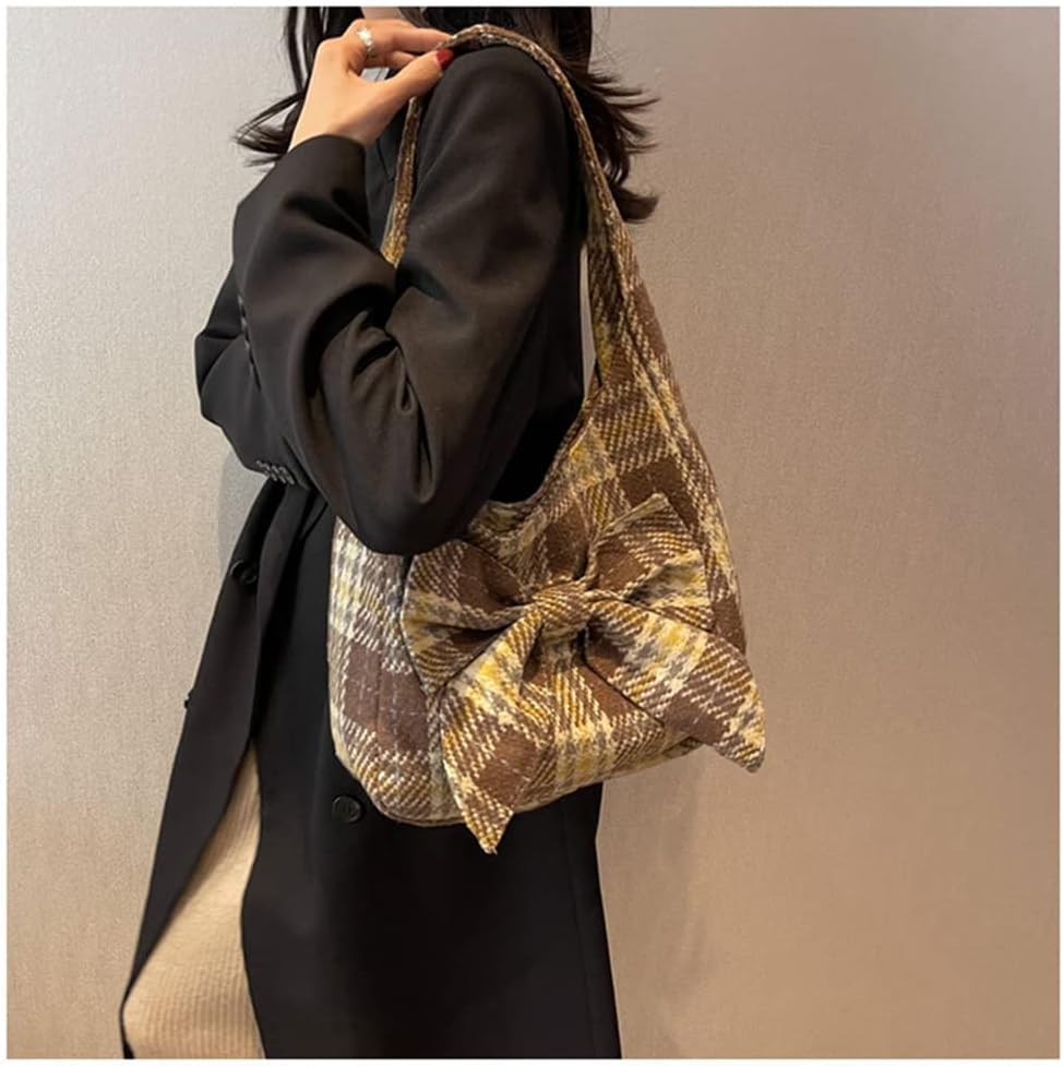 Fashion Shoulder Hobo Bags for Women Wool Tweed Tote Bags Plaid Pattern Bowknot Handbags and Purses Large Capacity - Image 4
