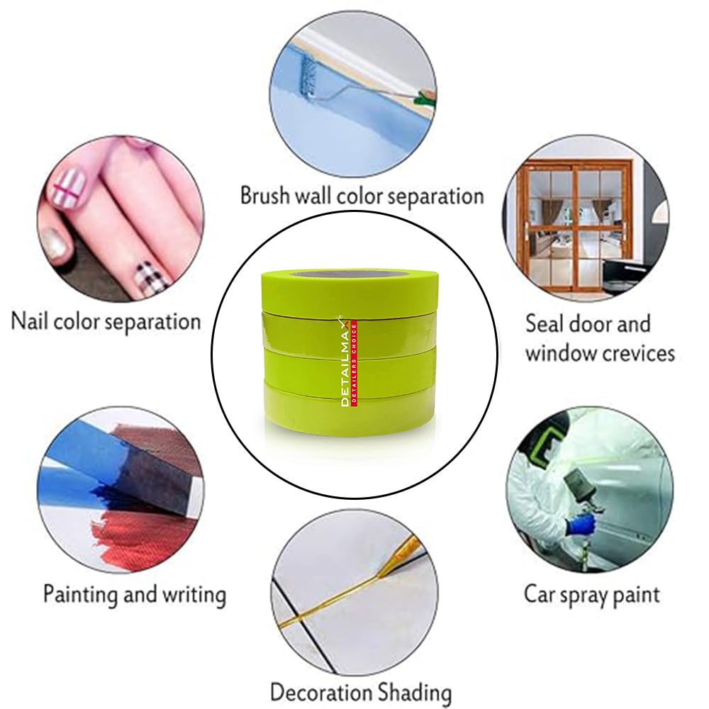 DETAILMAX Color Masking Tape 24mm x 50m, Pack of 4 | Easy Tear Painter's Tape for Car Detailing, Painting, Labelling & Woodworking | Clean Removal, No Residue (Green, 50 M, 50, metre, 1) 2