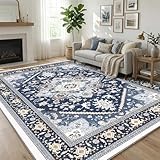 OPPODREAM Soft 8x10 Area Rugs for Living Room, Washable 8x10 Rugs for Bedroom with Non Slip Backing, Faux Cashmere Low-Pile 8 x 10 Carpet, Navy Blue & Gold