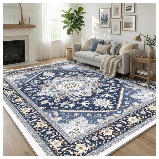 OPPODREAM Soft 8x10 Area Rugs, Washable Rugs 8x10 with Non Slip Backing, Faux Cashmere Low-Pile 8 x 10 Carpet, Navy Blue & Gold