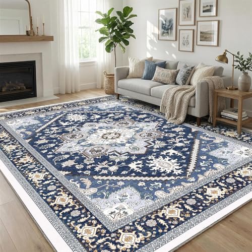 Image of OPPODREAM Soft Area Rugs 8x10, Persian-Inspired Washable Rug, Blue & Gold