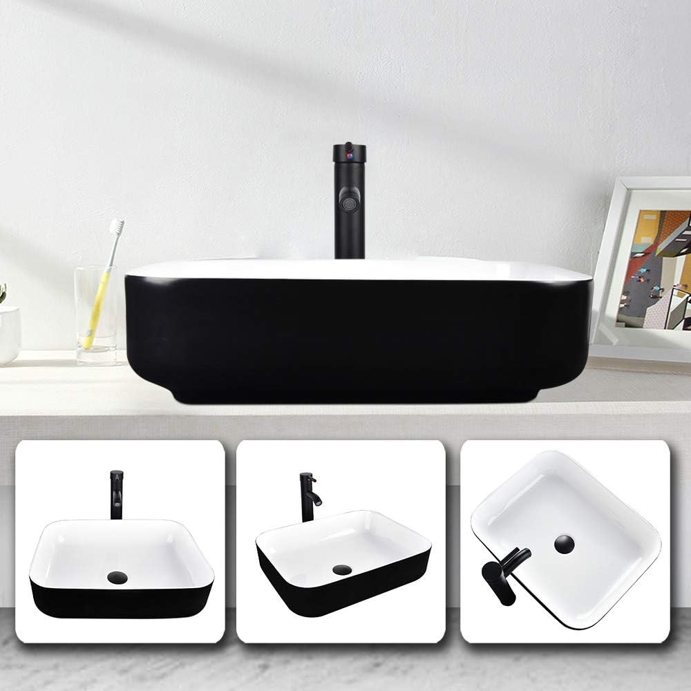 An installed YOURLITE rectangular ceramic vessel sink with a black faucet on a white countertop.
