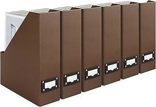 BLU MONACO | Cardboard Magazine File Holder Set of 6 | Vertical Magazine File Holder with Leather Label Slots | Standing File Holder and Cardboard Bins for Shelves Desk Office