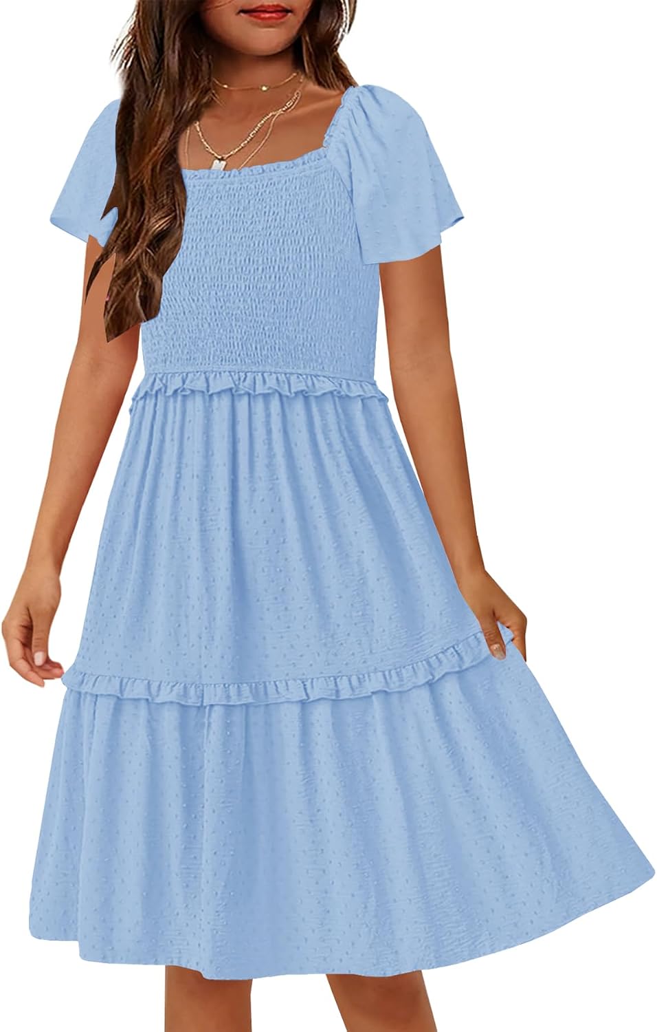 HOSIKA Girls Summer Swiss Dot Smocked Ruffle Tiered Swing Boho Midi Dress with Pockets for 6-12 Years