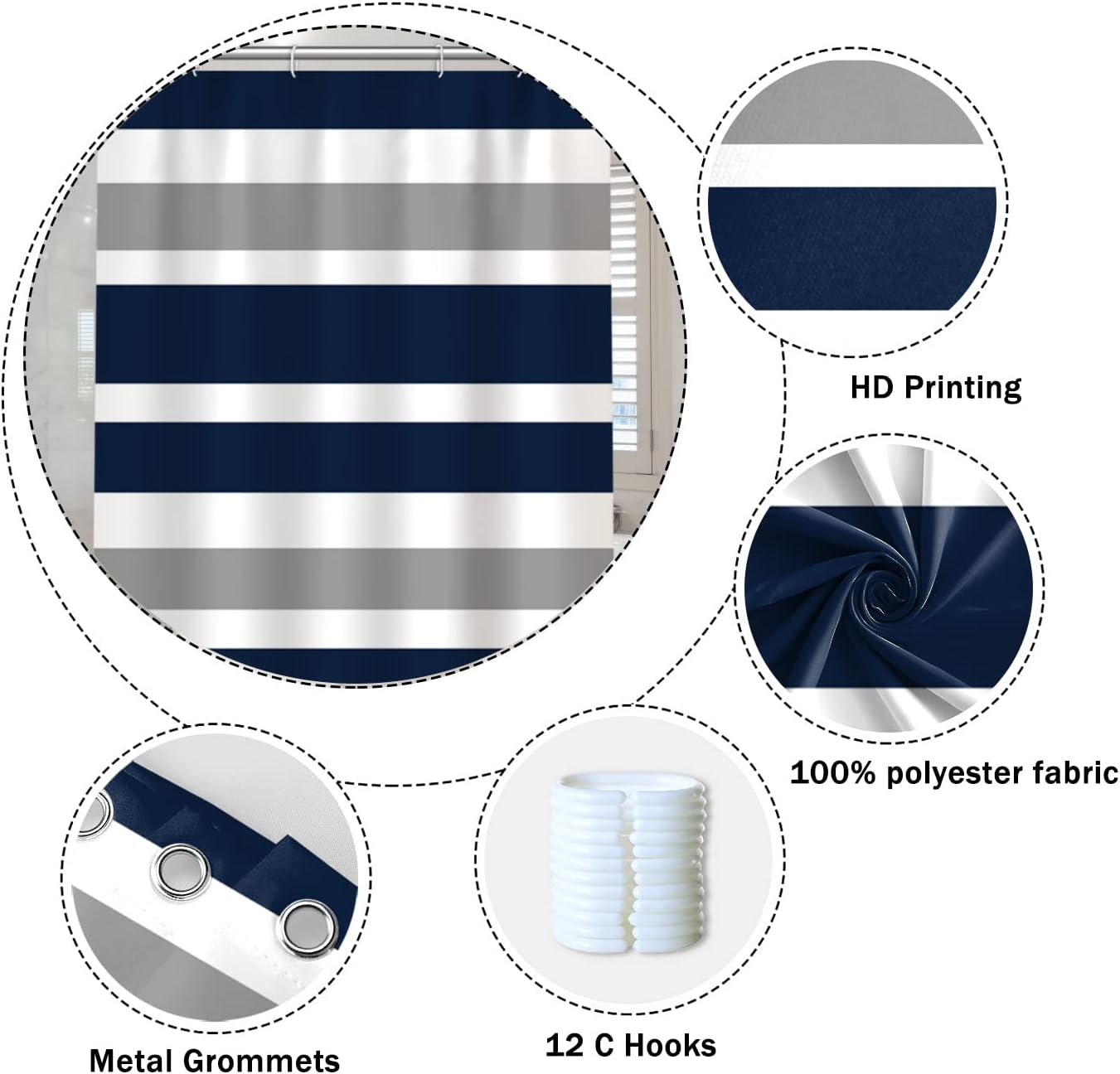 Stripes Fabric Bathroom Curtain Dark Blue Grey Modern Minimalist Shower Curtain with Hooks Polyester Waterproof Abstract Artistic Decor, 72x72 Inch
