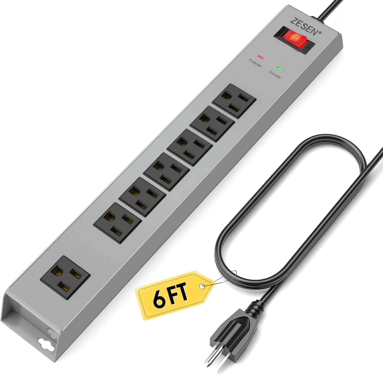 ZESEN 7 Outlet Metal Long Power Strip with Overload Protection & 1500J Surge Protection, 6ft Cord Wall Mounted Industrial Power Strip for Office Workshop Garage, ETL Listed(15A/1875W), Grey