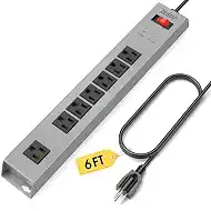 Metal 7 Outlet Power Strip with Overload Protection & 1500J Surge Protection, 6ft Cord Wall Mounted Industrial Power Strip for Office Workshop Garage, ETL Listed(15A/1875W), Grey