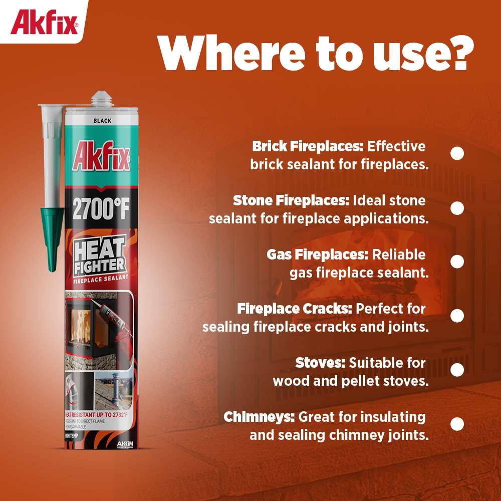 Akfix Heat Fighter Black Fireplace Sealant - 2700 °F (1x10.1 oz.) - Heat Resistant Fireplace Stove Caulk for Chimneys, Ovens, Grills, Wood Stoves | Non-Flammable, Quick-Drying & Paintable Cartridge