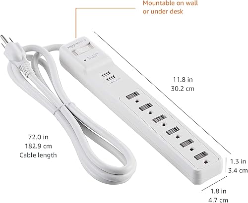 Miniatura 6 de Tienda Basics Regleta de protección contra sobretensiones rectangular de 6 salidas con 2 puertos USB, 1000 julios, blanco, 6 pies