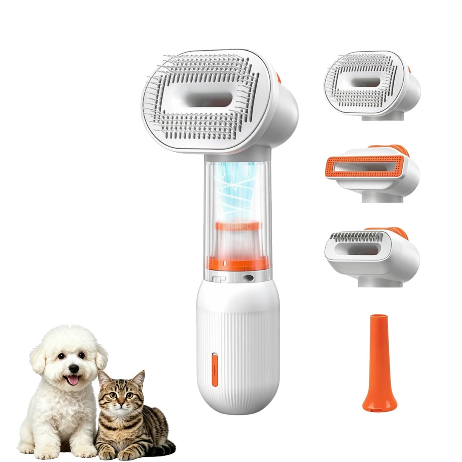Brosse Aspirateur Chien, 4 en 1 Aspirateur Toilettage Chien Chat avec Design Sans Fil Nettoyage Automatique, Outil de Désaisonnement et Élimination des Poils pour Poils Courts et Moyens