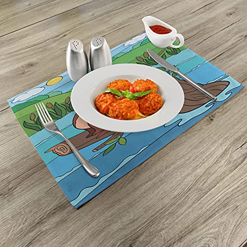 Lunarable Otter Place Mats Set Of 4, Vibrant Colored Cartoon Image Of Otter Sitting On A Tree Branch In Overflowing River, Washable Fabric Placemats For Dining Room Kitchen Table Decor, Multicolor #TOP1