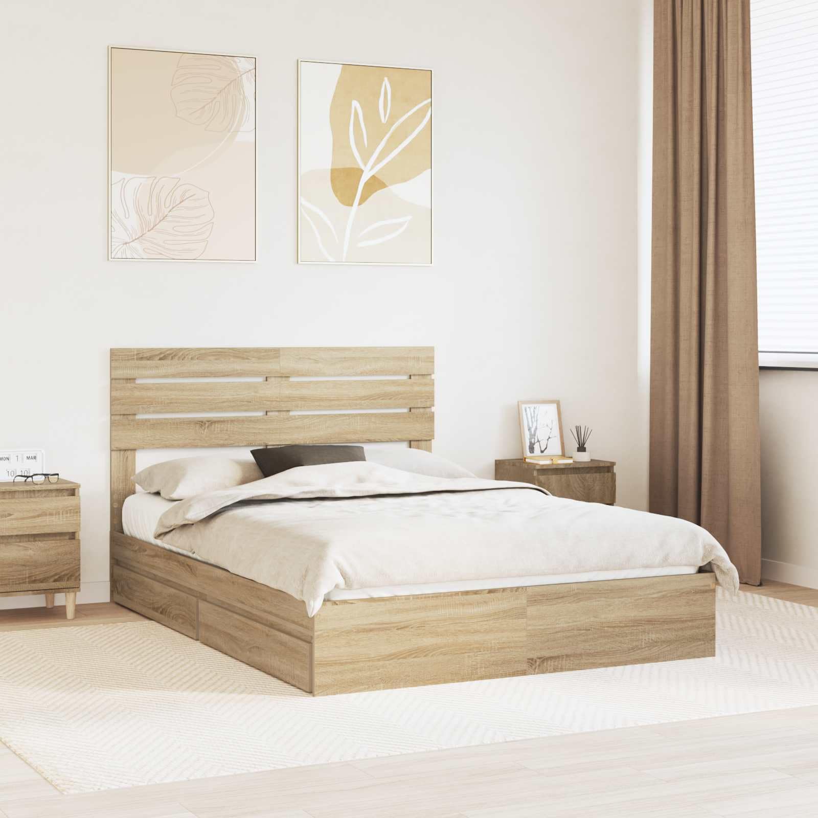 vidaXL Storage Bed with Drawer Sonoma Oak 150 x 200 cm Engineered Wood, Modern Bed Frame, Water-Resistant Finish, Ample Storage, Versatile, Urban Living Furniture, Customizable Design