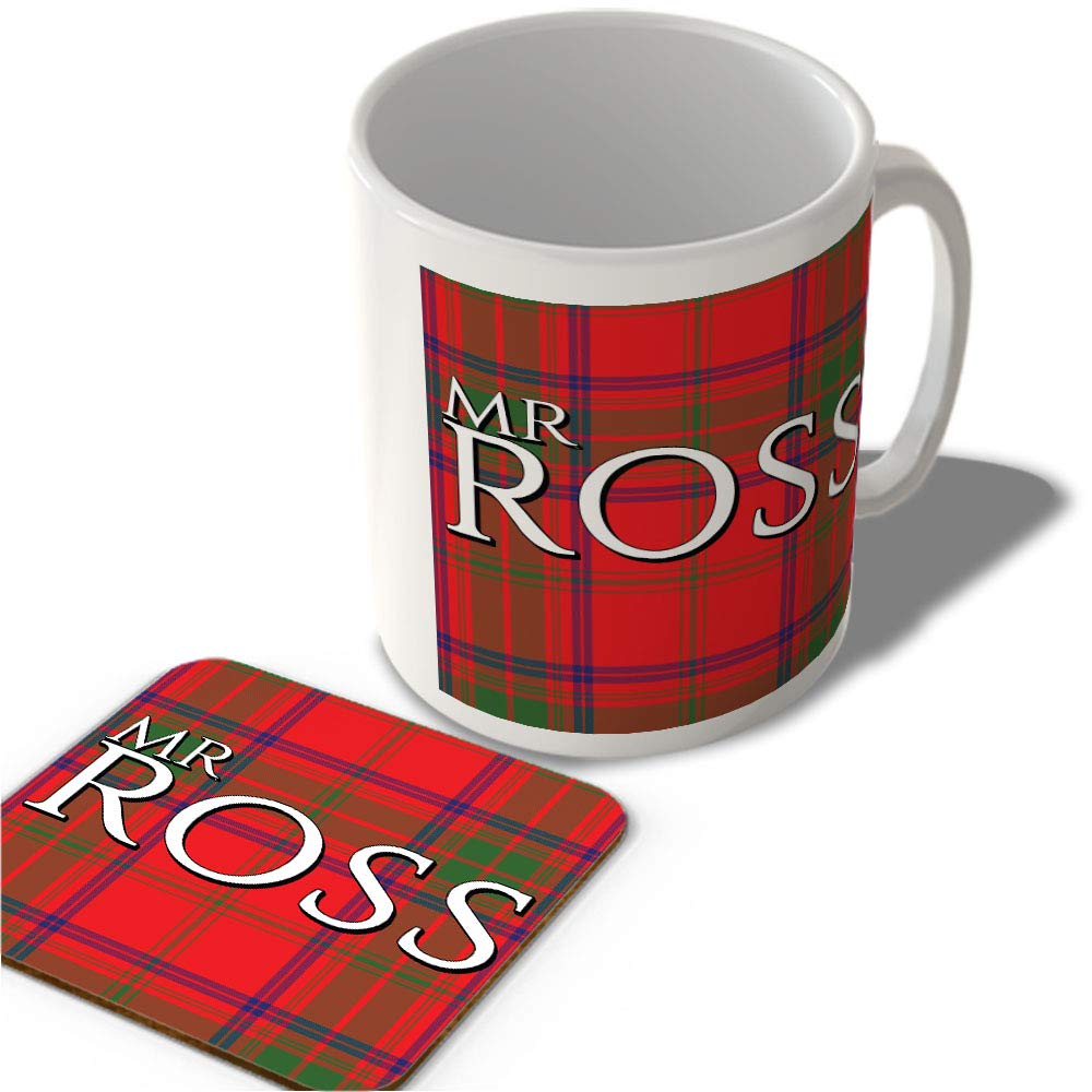 Mcmug White - Mr Ross - Ross Modern Tartan - (Full Background) - Scottish Mug And Coaster Set, Ceramic, 11Fl.oz.