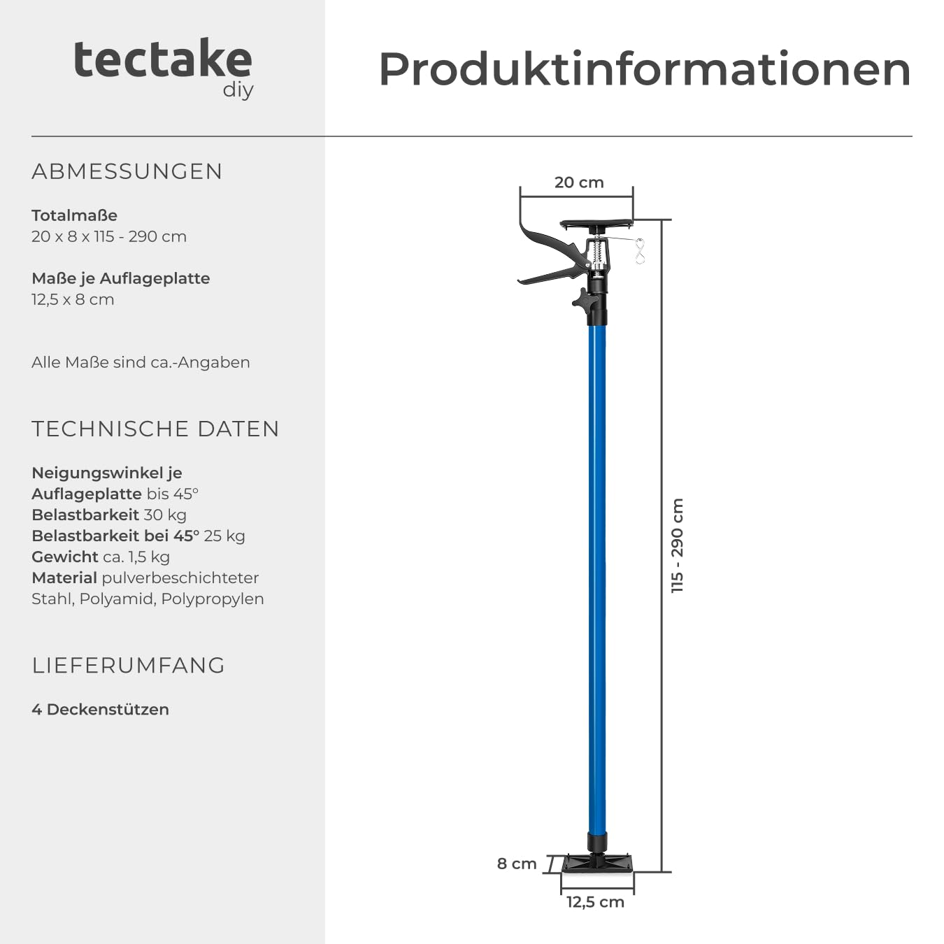 tectake® Baustützen Teleskop Stange 115-290 cm, Baustütze mit Auflageplatten mit Kugelgelenk, Montagestütze je 30 kg Tragkraft, Spannstange, Montagehilfe für Deckenverkleidung - blau, 4er Set