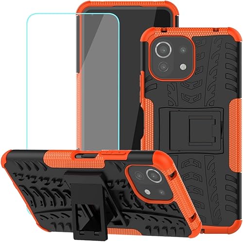 Para Mi 11 Lite11 Lite 5G NE11 Youth Case con protector de pantalla de vidrio templado, con soporte duro PC cubierta trasera TPU suave doble capa