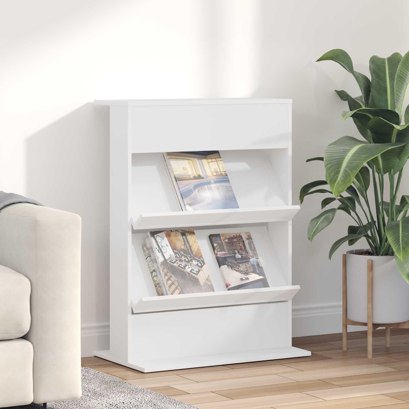 Hothingwell Portariviste in legno di ingegneria bianco 70 x 41 x 96 cm, mensola riviste design minimalista per soggiorno ufficio camera da letto, archiviazione libri e documenti moderni