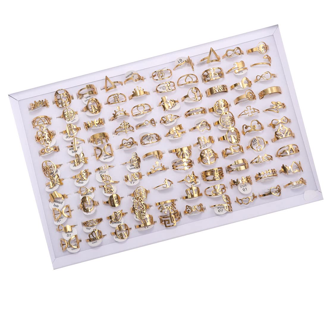 ITANA Anillos de acero inoxidable cortados con láser, 100 piezas/lote con caja de joyería, joyería a granel al por mayor para boutiques, anillos de declaración para mujeres y hombres