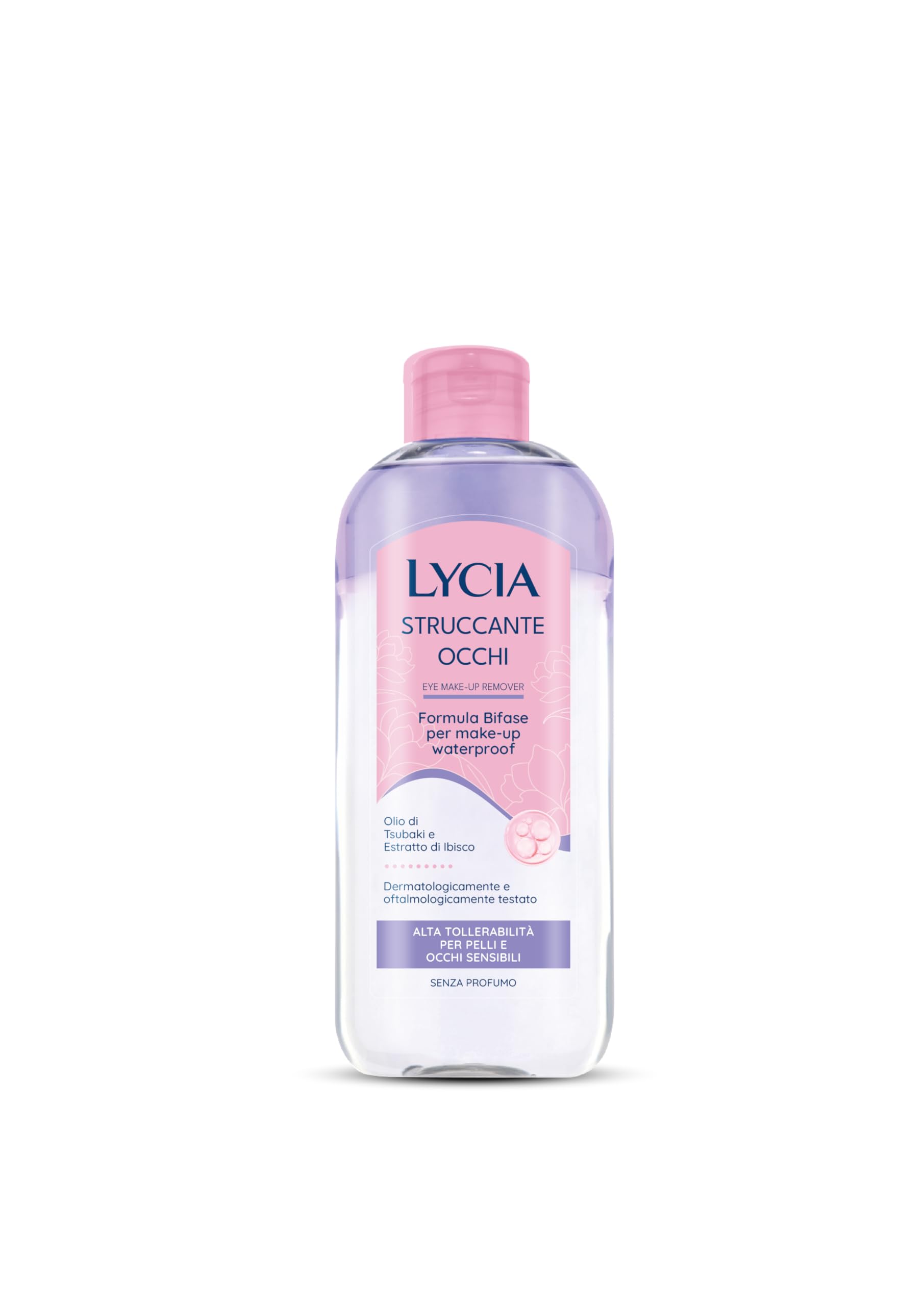 Lycia, Struccante Occhi Bifasico, Struccante per Make Up Waterproof, Formula con Olio di Tsubaki e Estratto di Hibiscus Antiossidante, Non lascia Residui, Senza Risciacquo, 250 ml