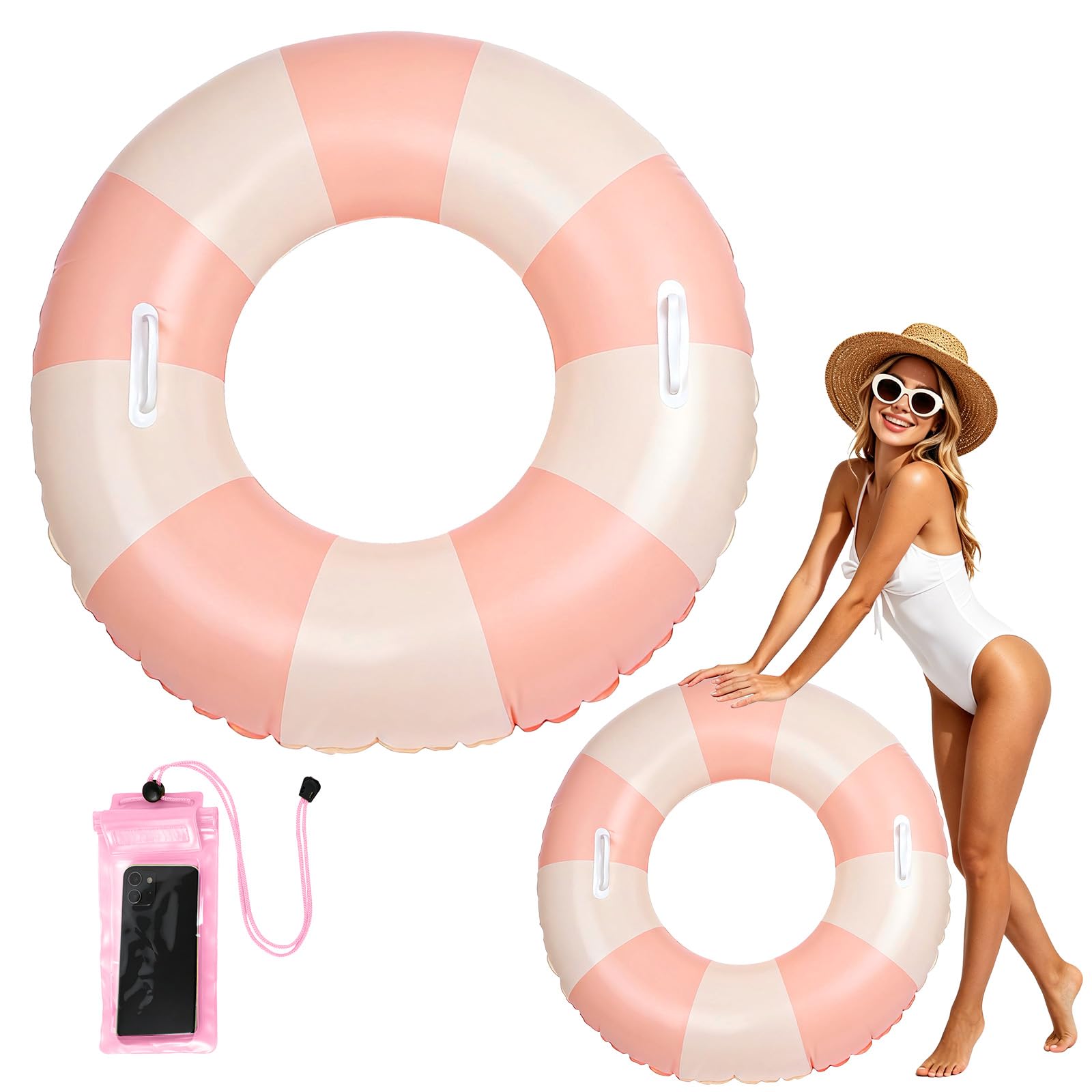 Swimming Rings for Adults, Inflatable Swimming Ring with Handle, Rubber Ring for Swimming, Pool Float with Waterproof Phone Pouch for Summer Beach Pool Party (Pink, 80cm)