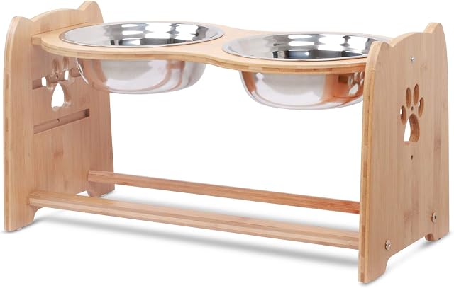 X-ZONE PET Raised Pet Bowls for Cats and Dogs, Adjustable Bamboo Elevated Dog Cat Food and Water Bowls Stand Feeder with 2 Stainless Steel Bowls and Anti Slip Feet