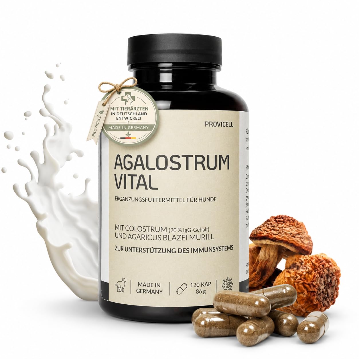 Agalostrum Vital für Hunde - Colostrum Kapseln für Hunde – 120 Kapseln – Mit Colostrum (20% IgG) & Mandelpilz – Zur Unterstützung des Wohlbefindens & Abwehrkräfte - Made in Germany