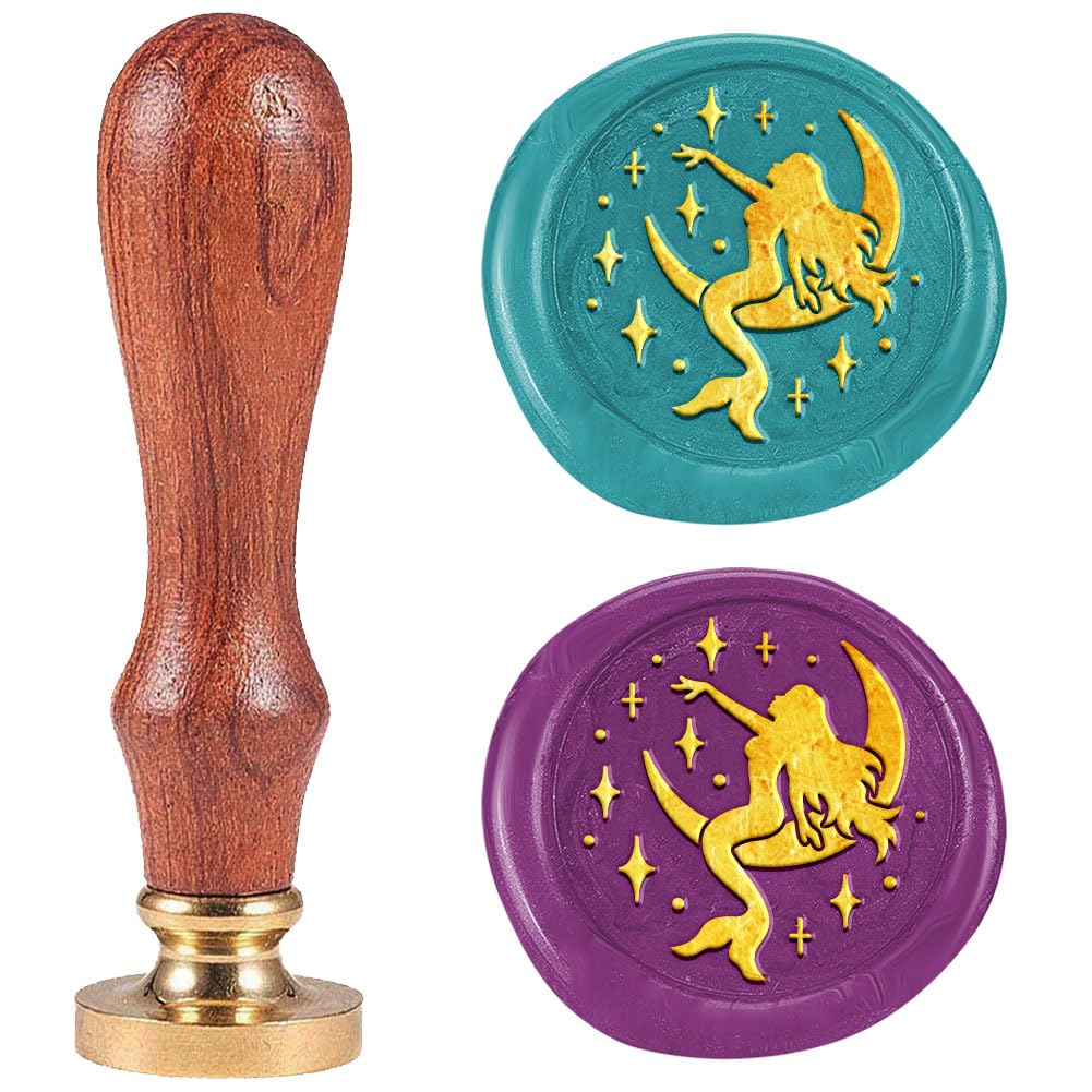 DELORIGIN Moon Mermaid Wax Seal Stamp 25mm Vintage Sealing Stamps Removable Brass Head Seal Stamp with Wooden Handle for Envelope Greeting Card Christmas Invitations Wine Gift Wrapping