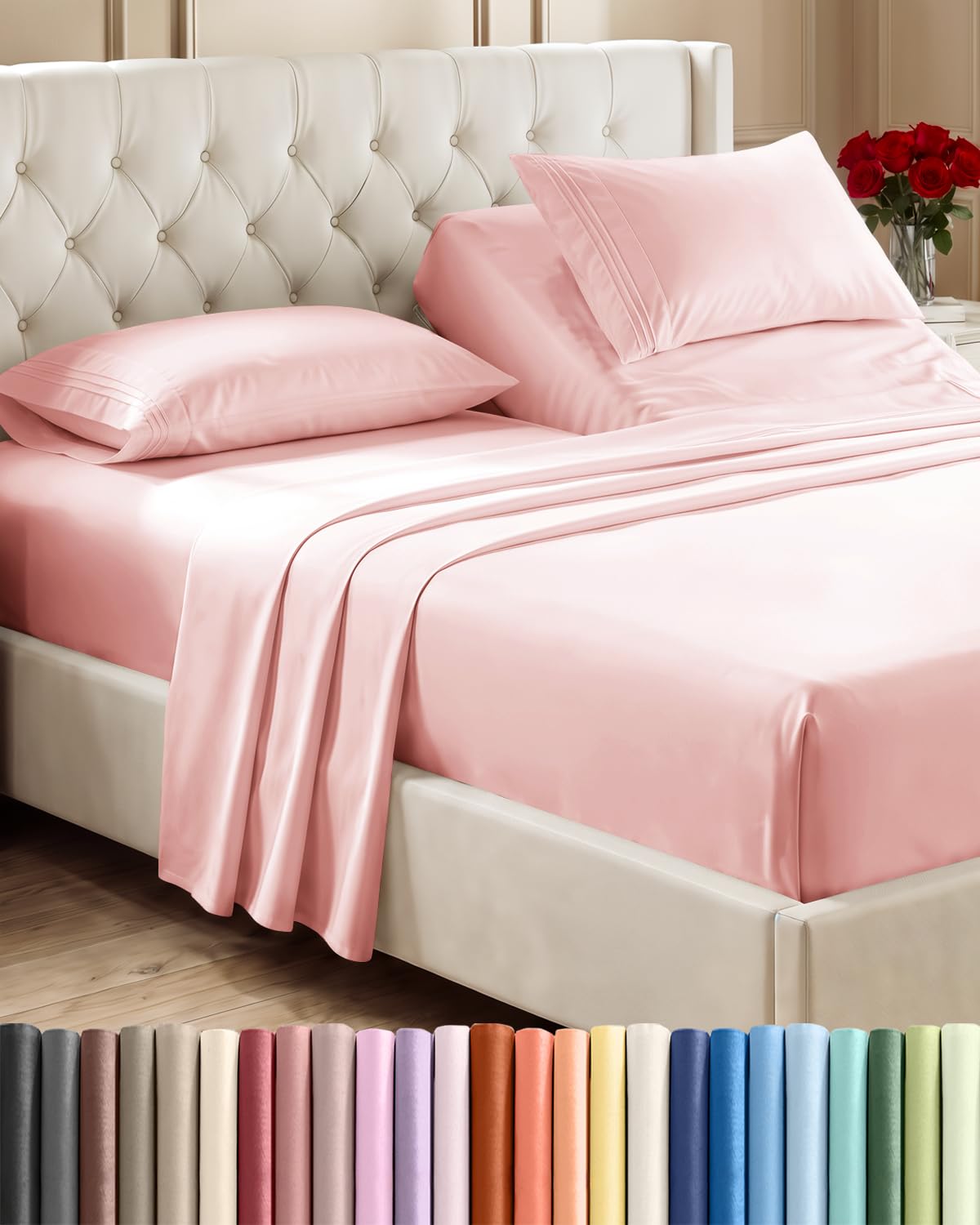 Flex Top Split Head King 4 Piece Sheet Set - Soft &amp; Breathable - Baby Pink