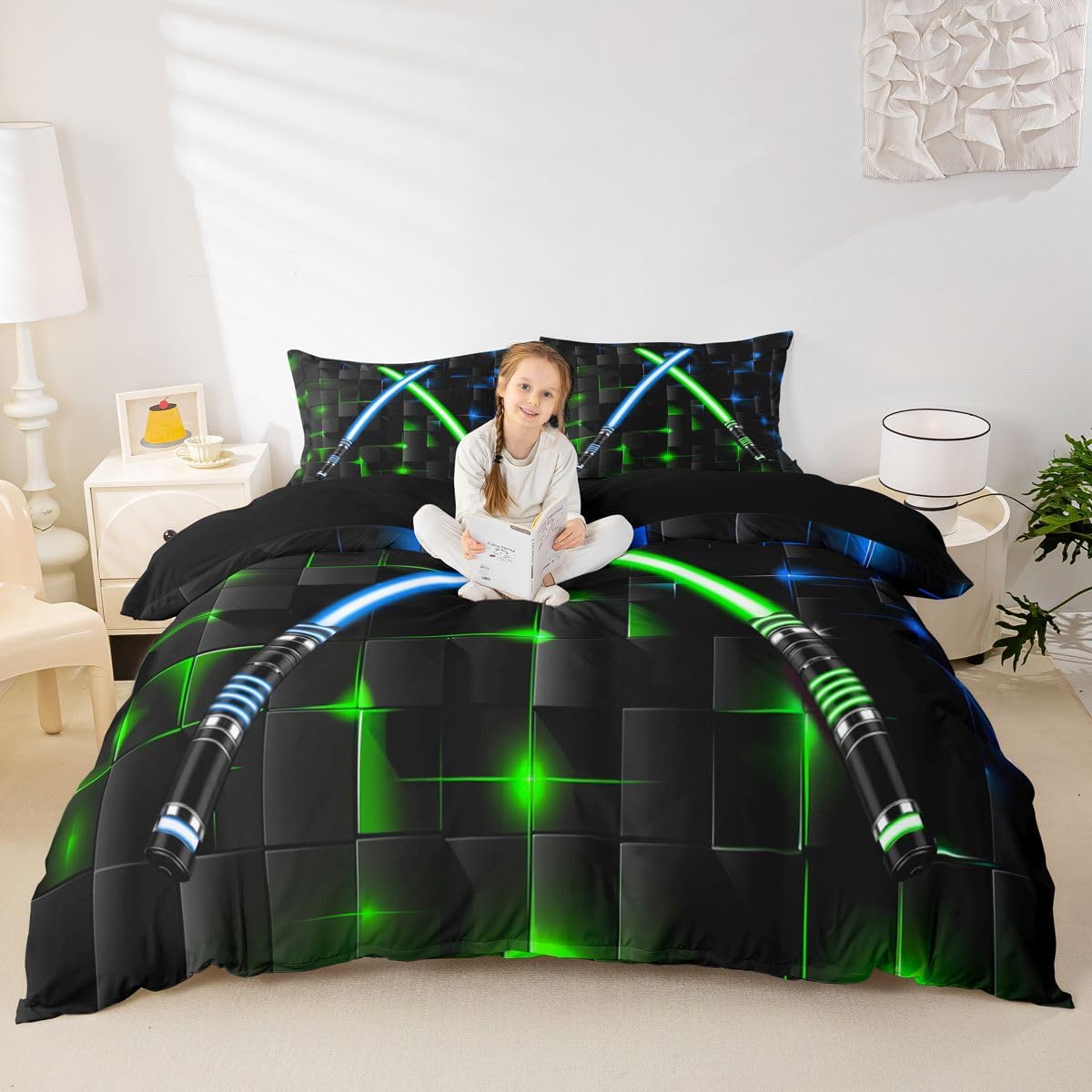 Castle Fairy Blue Green Lightsaber Duvet Cover Full Size for Kids Boys,Geometric Grid Comforter Cover 3Pcs,Teens Modern Square Plaid Bedding Set Fashion Black Checkered Quilt Cover,No Comforter