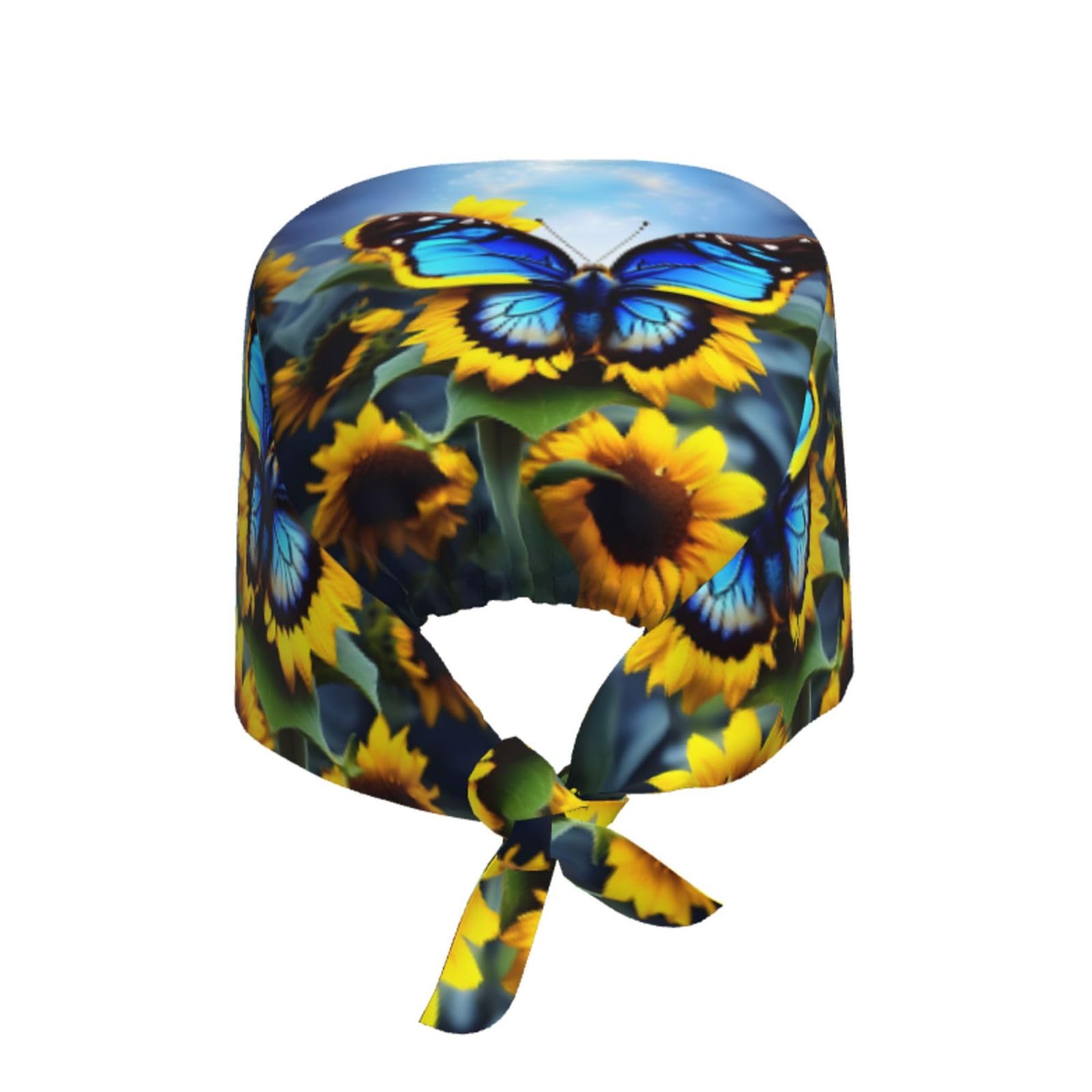 YYHHAOFA Breathable Work Hat Sunflower Blue Butterfly Printed for Chef, Nursing, Spa, Facial Care, Fitness