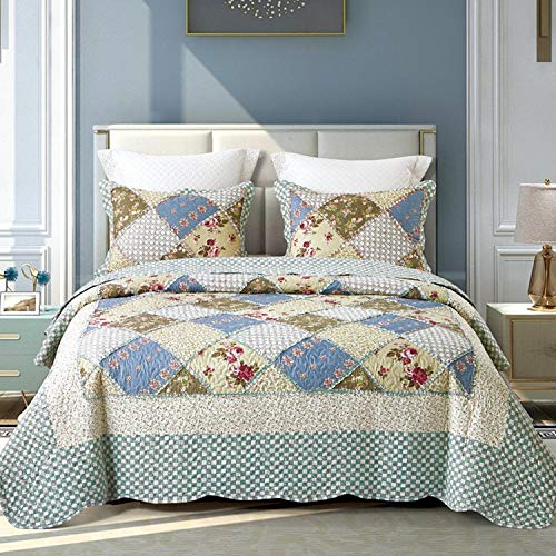 Asvert Juegos de Colcha de 3 Set Una Cubrecama de 220x240 cm y Dos Fundas de Almohadas de 50x70 cm Ropa de Cama de 100% Algodón Suave y Cómoda con (Azul 2)
