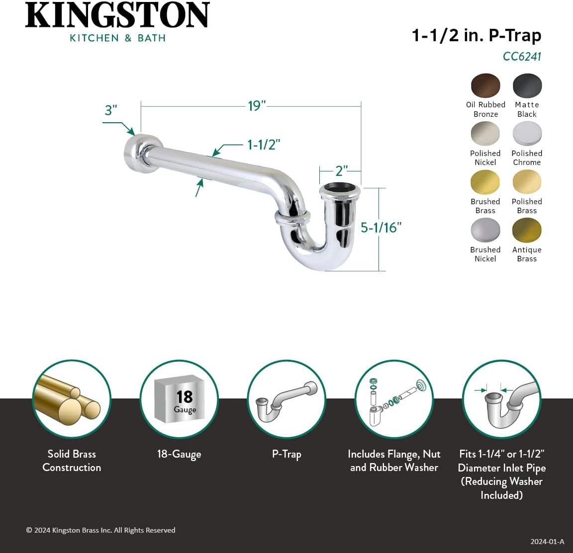 Kingston Brass CC6248 1-1/4" (or 1-1/2") x 1-1/2" P-Trap with Box Flange, 19" Length, 18 Gauge, Brushed Nickel