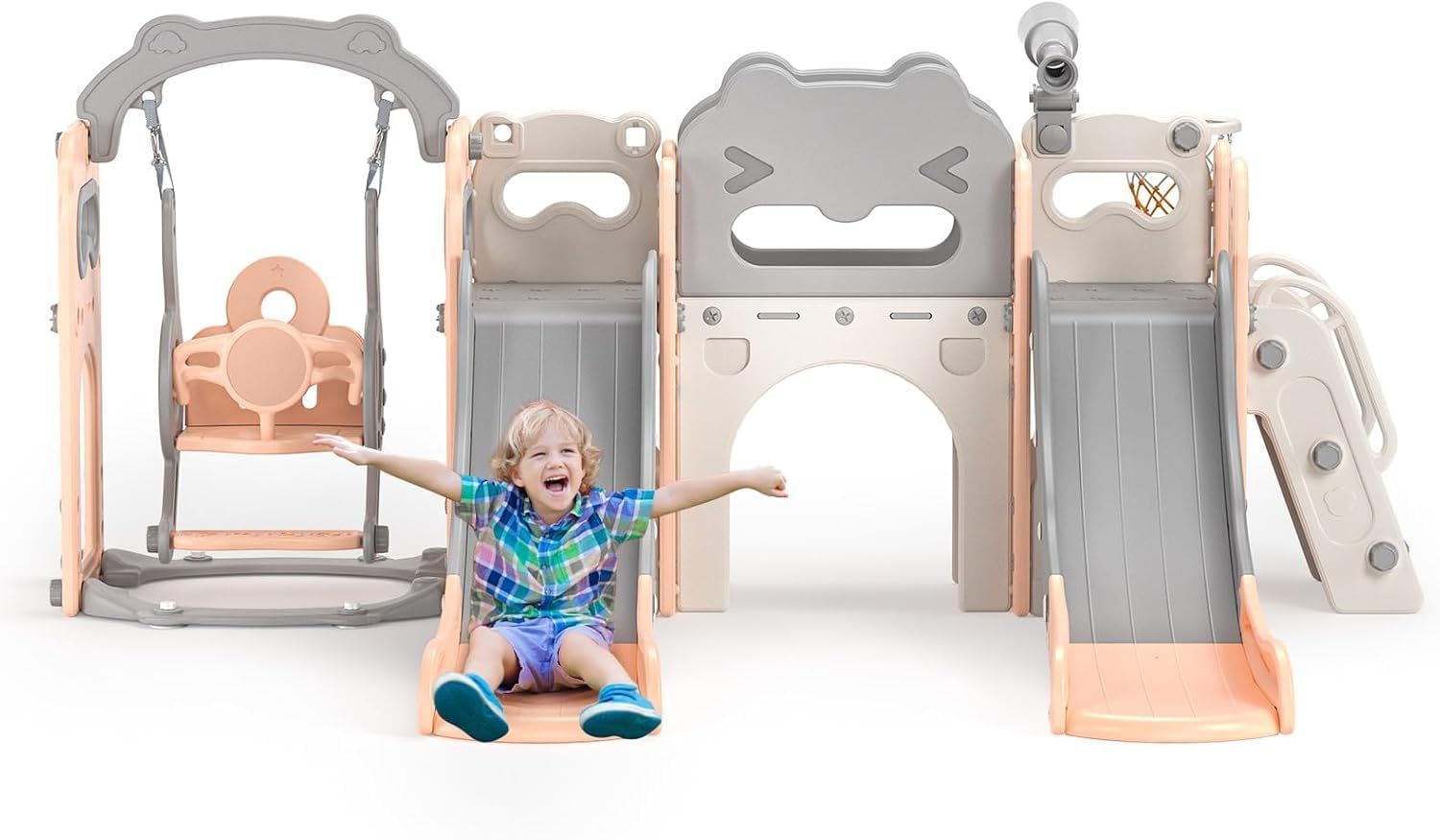 Thickened Widened Toddler Slide5 in 1,170cm extra-long slideway, Freestanding with Basketball Hoop, Baby Slide Playground Equipment, Easy Assembly Enhanced Safety (Beige Pink 8in1)