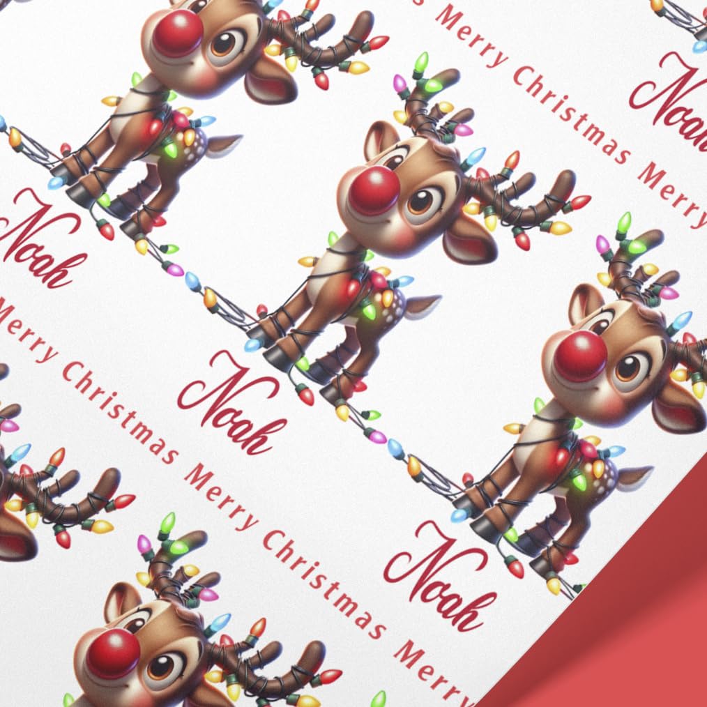 Personalised Rudolph Christmas Wrapping Paper Roll | Custom Name Reindeer Gift Wrap for Kids & Adults | 61cm Wide | Recyclable Matte Finish | Festive Xmas Gift Wrapping Paper